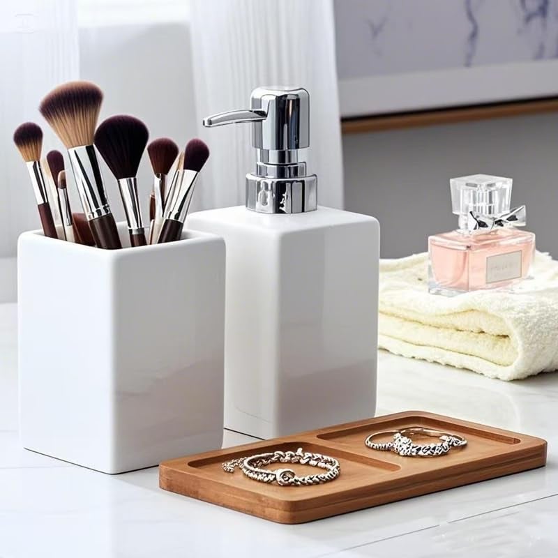 AORTULL White Ceramic Soap Dispenser and Toothbrush Holder,3-Piece Bathroom Accessories Set Modern Square Countertop Bath Set,Liquid Soap Dispenser,Tumbler Cup,Wooden Vanity Tray - Image 5