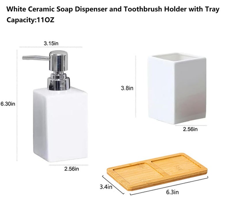 AORTULL White Ceramic Soap Dispenser and Toothbrush Holder,3-Piece Bathroom Accessories Set Modern Square Countertop Bath Set,Liquid Soap Dispenser,Tumbler Cup,Wooden Vanity Tray - Image 2