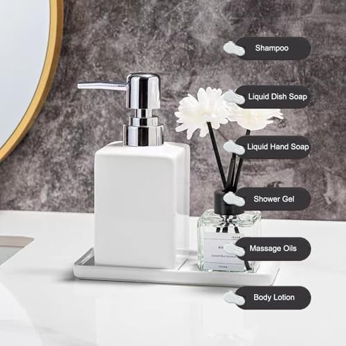 AORTULL White Ceramic Soap Dispenser and Toothbrush Holder,3-Piece Bathroom Accessories Set Modern Square Countertop Bath Set,Liquid Soap Dispenser,Tumbler Cup,Wooden Vanity Tray - Image 4