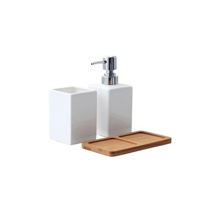 AORTULL White Ceramic Soap Dispenser and Toothbrush Holder,3-Piece Bathroom Accessories Set Modern Square Countertop Bath Set,Liquid Soap Dispenser,Tumbler Cup,Wooden Vanity Tray - Image 1