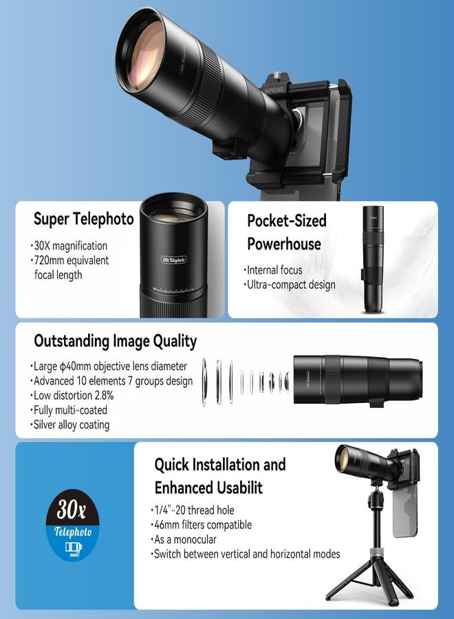 APEXEL High Power 30X HD Telephoto Lens for iPhone Telephoto Lens with Tripod Attachment, for iPhone 16/15/14/13 Pro Max, Samsung, Android Phone and Most Smartphone - Image 4