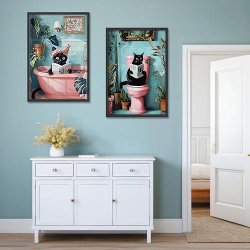 SHVCHBK 2 Pcs Cute Black Cat Bathroom Wall Art Funny Cat Reading Newspaper Paintings Pictures Wall Decor Pink Animal Plant Posters Prints for Bathroom Toilet Decorations Unframed 16x24 Inch - Image 4