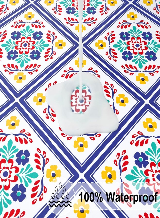 misaya Round Fitted Tablecloth with Elastic Edge, 100% Waterproof Oil Proof Plastic Table Cover, Vinyl Flannel Backed Tablecloth Fits 36"-44" Round Tables for Dinner, Outdoor, Picnic, Geometric Flower - Image 3