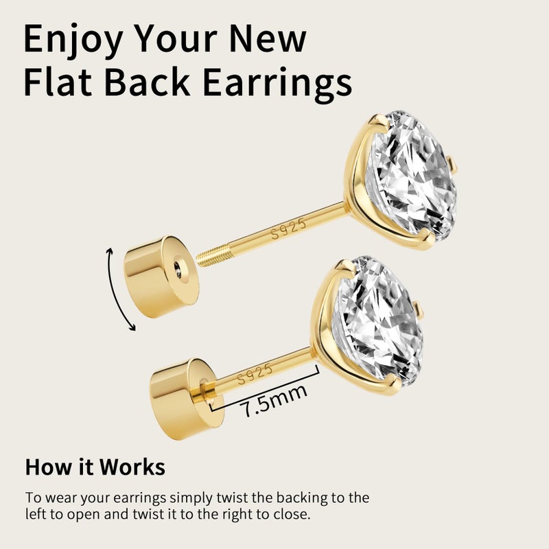ASHINE Flat Back Stud Earrings for Women Hypoallergenic 14k Gold Cubic Zirconia Screw Back Nickel Free Small Stud Earrings Valentine Anniversary (Gold-1 Carat) - Image 4