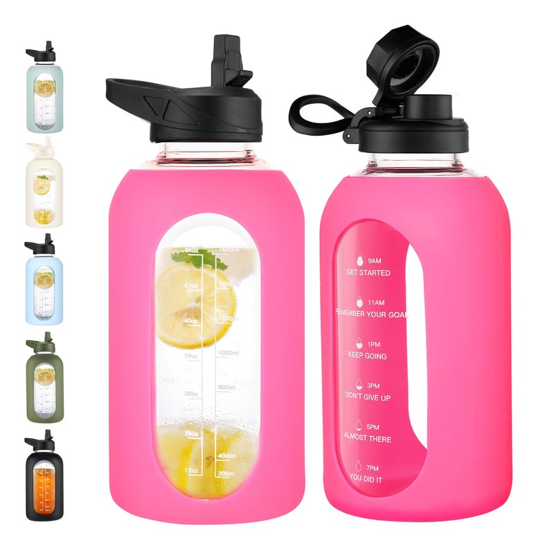 CIVAGO 64 oz Glass Water Bottle Jug with Straw and Handle, Half Gallon Sports Motivational Water Bottle with Time Marker, Wide Mouth Water Flask Canteen with Silicone Sleeve for Gym,Camelia - Image 1