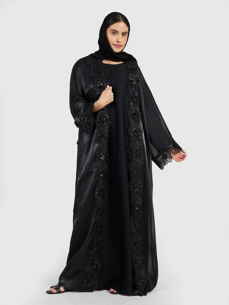 عباءات ريم Women's Luxury Shimmer Abaya with Floral Lace Border
