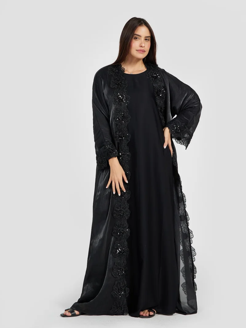 عباءات ريم Women's Luxury Shimmer Abaya with Floral Lace Border