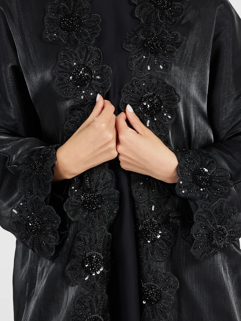 Reem Abayas  Women's Luxury Shimmer Abaya with Floral Lace Border for Women | Best Price UAE
