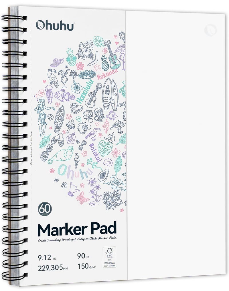 Ohuhu DoubleSided Marker Pads Art Sketchbook Bleedproof 9x12 Large Paper Size 90 LB150 GSM Smooth Drawing Paper 60 Sheets120 Pages Spiral Bound Sketching Book for Alcohol Markers - Image 3