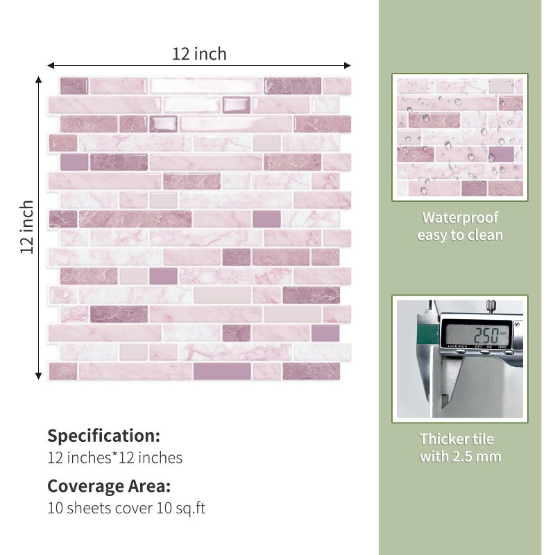 MOONFUN 10 Sheet Thick Peel and Stick Kitchen Backsplash Tiles,3D Waterproof Self Adhesive Wall Tile Stick on Backsplash for Kitchen,Bathroom and Fireplace(Pink,12"Ã—12") - Image 4