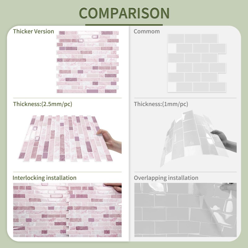 MOONFUN 10 Sheet Thick Peel and Stick Kitchen Backsplash Tiles,3D Waterproof Self Adhesive Wall Tile Stick on Backsplash for Kitchen,Bathroom and Fireplace(Pink,12"Ã—12") - Image 3