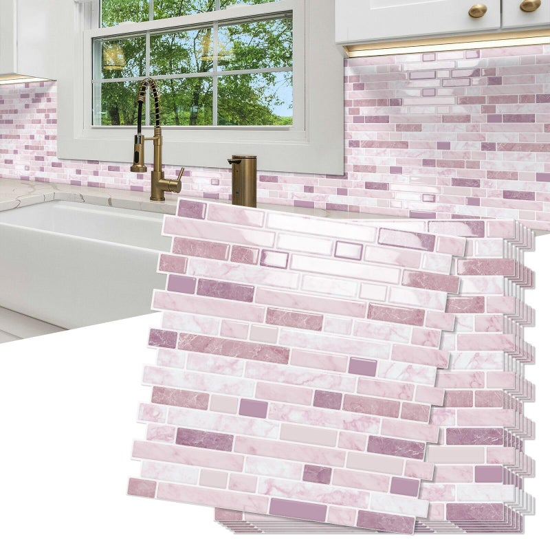 MOONFUN 10 Sheet Thick Peel and Stick Kitchen Backsplash Tiles,3D Waterproof Self Adhesive Wall Tile Stick on Backsplash for Kitchen,Bathroom and Fireplace(Pink,12"Ã—12") - Image 1