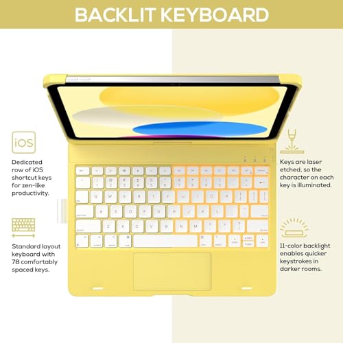 typecase Touch Keyboard for 11th (A16) & 10th Gen with Multi-Touch Trackpad, 11-Colors Backlit, 360° Rotatable Multi Viewing Angle, Pencil Holder (Not fit to Air 11/Air 5th/Pro 11)-Yellow'26 - Image 3