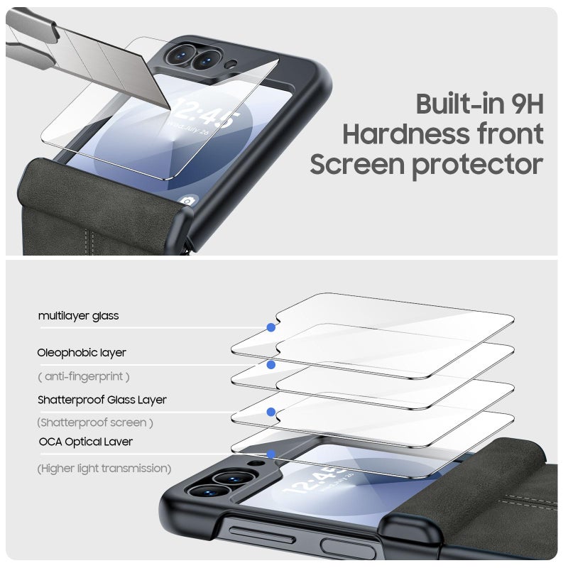 BSNRM for Samsung Galaxy Z Flip 6 Case/Z Flip 7 FE Case with Hinge Protection & Built-in Screen Protector, Ultra Thin Leather Shockproof Cover Phone Case for Galaxy Z Flip 6/Z Flip 7 FE-Black Gary - Image 4
