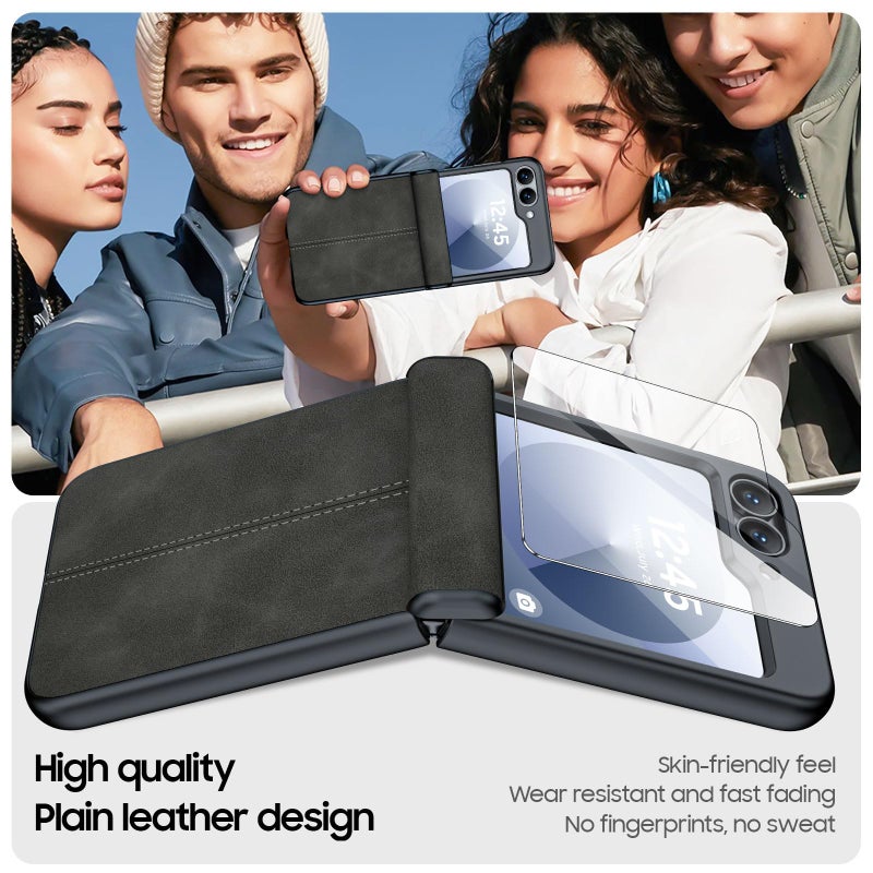 BSNRM for Samsung Galaxy Z Flip 6 Case/Z Flip 7 FE Case with Hinge Protection & Built-in Screen Protector, Ultra Thin Leather Shockproof Cover Phone Case for Galaxy Z Flip 6/Z Flip 7 FE-Black Gary - Image 5