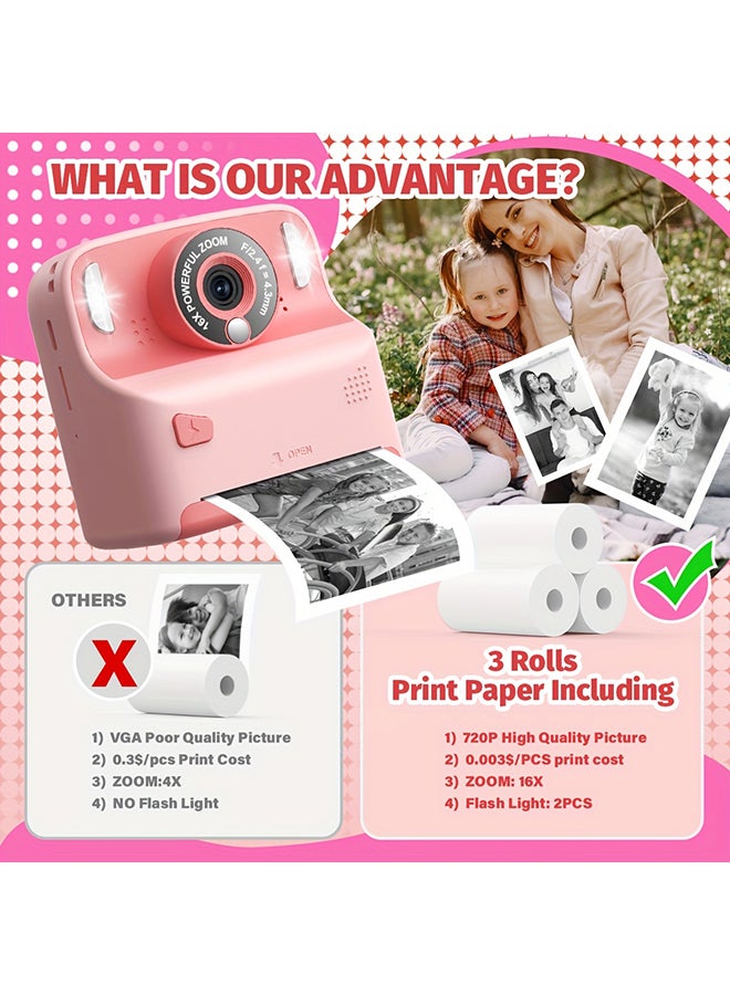 XiuWoo Instant Print Camera for Kids, Christmas Birthday Gifts for Age 3-12, 2.4 Inch Screen Inkless Children Selfie Digital Camera, Toddlers Portable Travel Toys for 3 4 5 6 7 8 Year Old Girls Boys - Image 5