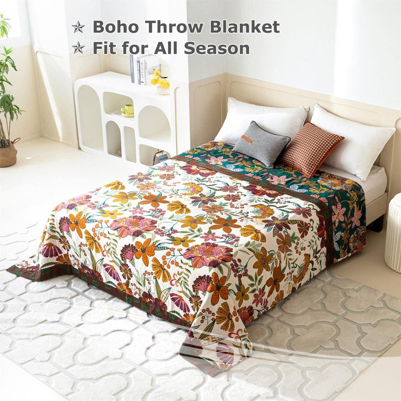 LUTBM Boho Throw Blanket for Bed 100% Cotton Soft Breathable Quilt Floral Leaves Embroidery Home Decor Reversible Bed Spring Blankets,60"x80" All Season Twin Blankets for Sofa Couch Chair - Image 3