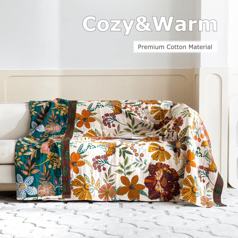 LUTBM Boho Throw Blanket for Bed 100% Cotton Soft Breathable Quilt Floral Leaves Embroidery Home Decor Reversible Bed Spring Blankets,60"x80" All Season Twin Blankets for Sofa Couch Chair - Image 4