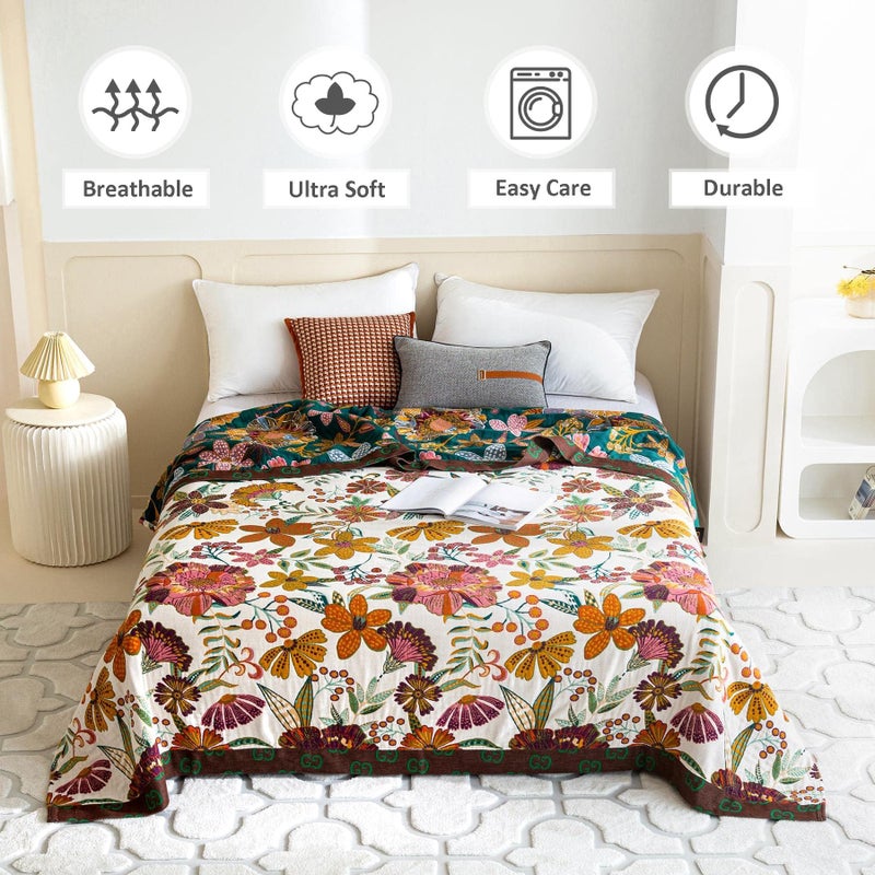 LUTBM Boho Throw Blanket for Bed 100% Cotton Soft Breathable Quilt Floral Leaves Embroidery Home Decor Reversible Bed Spring Blankets,60"x80" All Season Twin Blankets for Sofa Couch Chair - Image 2