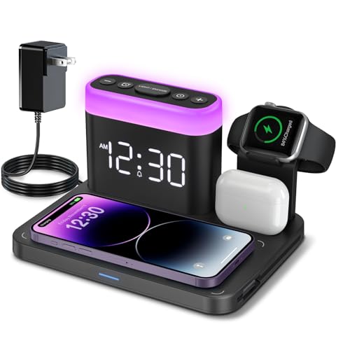 ANJANK Wireless Charging Station,5 in 1 Multiple Charger Stand with Alarm Clock,7 Night Light,Mag-Safe Charging Dock for iPhone 17 16 15 14 13 12 Pro Max Plus,Apple Watch 11/10/9/8,for Airpods,Bedroom - Image 1