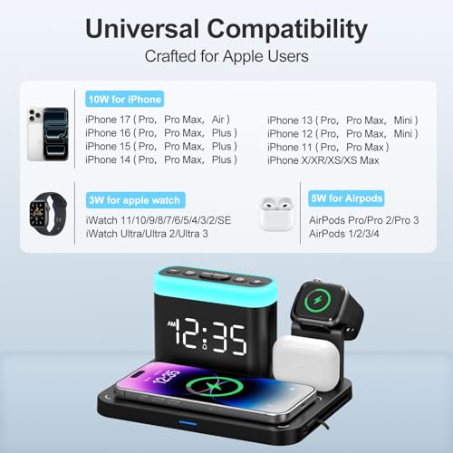 ANJANK Wireless Charging Station,5 in 1 Multiple Charger Stand with Alarm Clock,7 Night Light,Mag-Safe Charging Dock for iPhone 17 16 15 14 13 12 Pro Max Plus,Apple Watch 11/10/9/8,for Airpods,Bedroom - Image 3