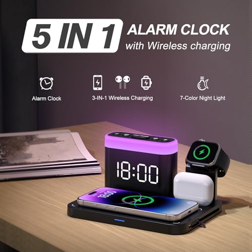 ANJANK Wireless Charging Station,5 in 1 Multiple Charger Stand with Alarm Clock,7 Night Light,Mag-Safe Charging Dock for iPhone 17 16 15 14 13 12 Pro Max Plus,Apple Watch 11/10/9/8,for Airpods,Bedroom - Image 2