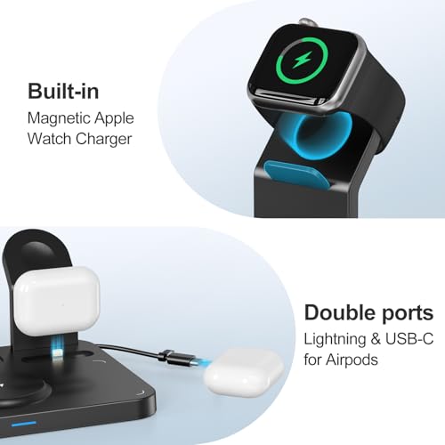 ANJANK Wireless Charging Station,5 in 1 Multiple Charger Stand with Alarm Clock,7 Night Light,Mag-Safe Charging Dock for iPhone 17 16 15 14 13 12 Pro Max Plus,Apple Watch 11/10/9/8,for Airpods,Bedroom - Image 5