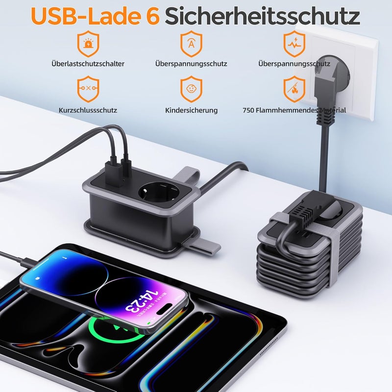 JTDO PD20W Travel Power Strip 4-in-1 Multiple Power Strip with USB and Type C 3680W 16A Multiple Plug Adapter with Data Cable for iPad, iPhone, Tablets, Grey - Image 4