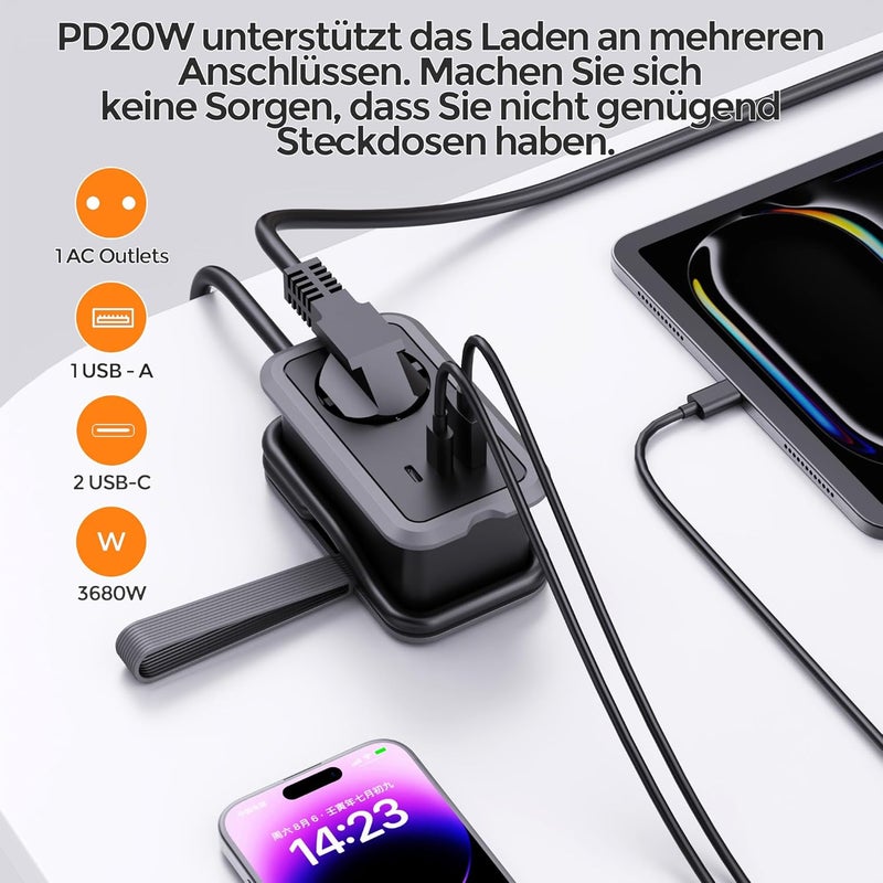 JTDO PD20W Travel Power Strip 4-in-1 Multiple Power Strip with USB and Type C 3680W 16A Multiple Plug Adapter with Data Cable for iPad, iPhone, Tablets, Grey - Image 2