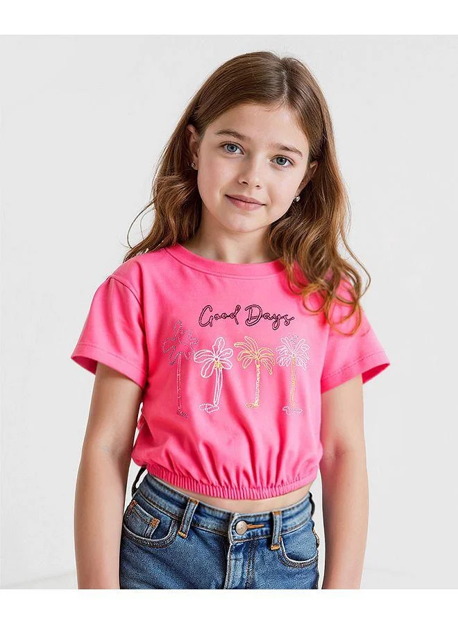 Primo Gino Primo Gino Cotton Knit Half Sleeves Drop Shoulder T-Shirt With Good Days Text Embroidery - Dark Pink