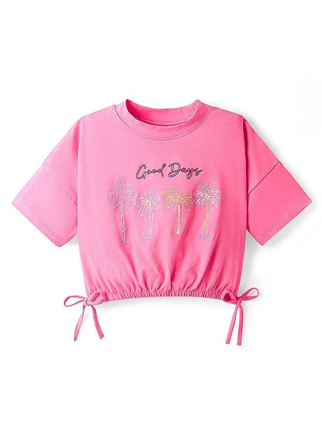 Primo Gino Primo Gino Cotton Knit Half Sleeves Drop Shoulder T-Shirt With Good Days Text Embroidery - Dark Pink