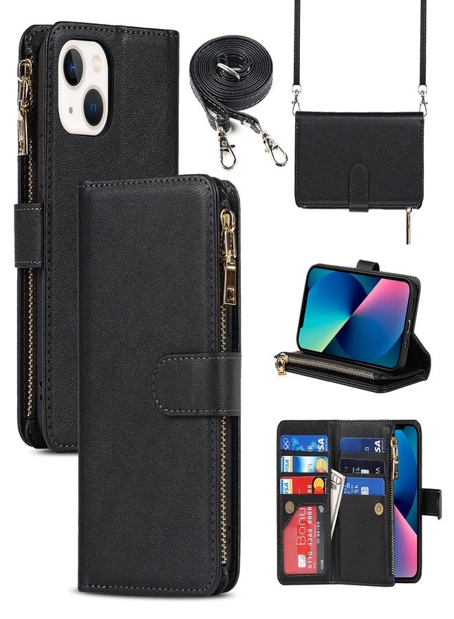 Jaorty for iPhone 13/14 Phone Case Wallet with Card Holder, Crossbody Case with Strap Shoulder Lanyard, Zipper Pocket PU Leather Purse for iPhone 13, 6.1 Inch Black - Image 1