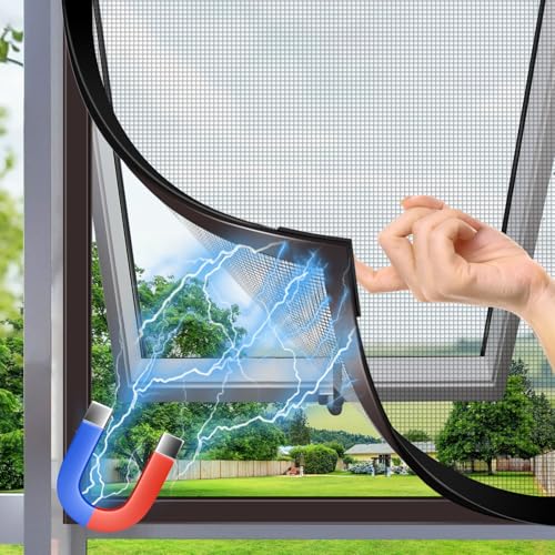HOFUDON Window Screen Adjustable Magnetic Window Screen Replacement Max 39” x 59”, DIY Fiberglass Mesh Window Screens for House Windows Black Frame Grey Mesh - Image 1