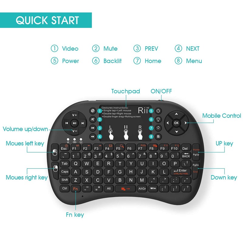 Rii 2.4GHz Mini Wireless Keyboard with Touchpadï¼†QWERTY Keyboard, Backlit Portable with Remote Control for Laptop/PC/Tablets/Windows/Mac/TV/Xbox/PS3/Raspberry Pi .(Black) - Image 4
