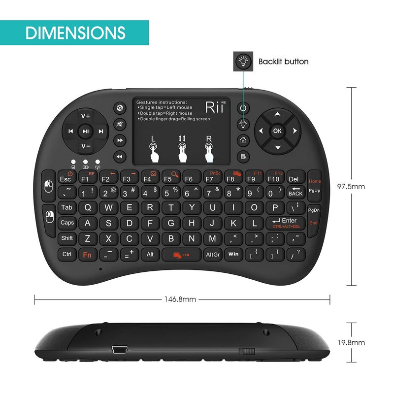 Rii 2.4GHz Mini Wireless Keyboard with Touchpadï¼†QWERTY Keyboard, Backlit Portable with Remote Control for Laptop/PC/Tablets/Windows/Mac/TV/Xbox/PS3/Raspberry Pi .(Black) - Image 2