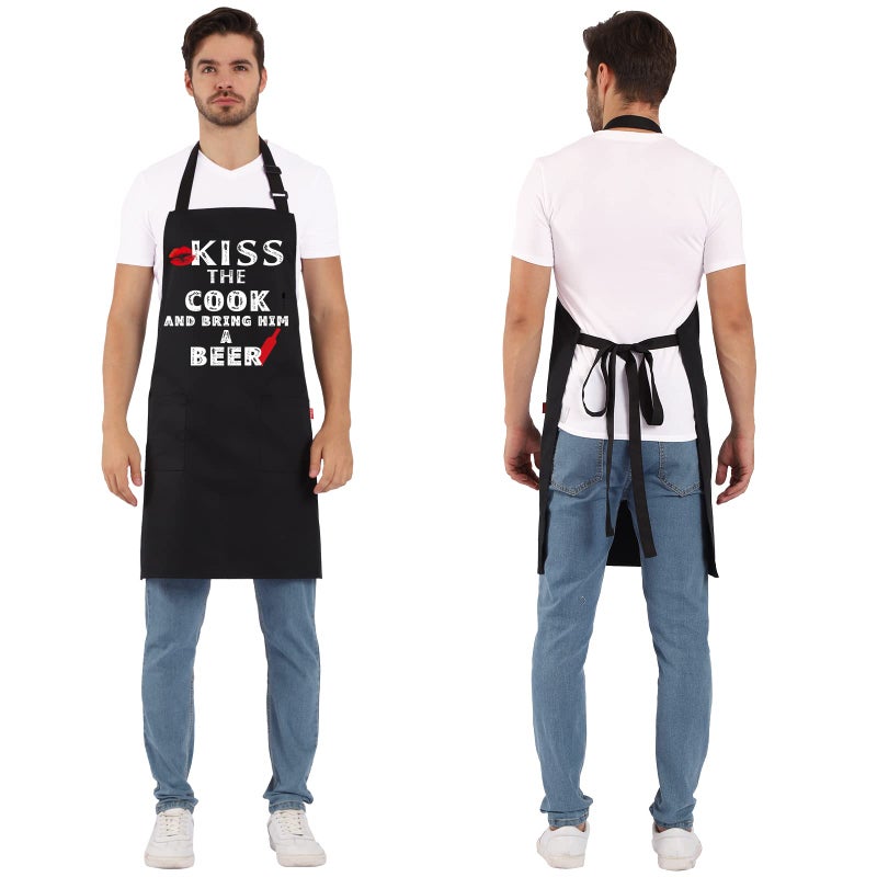 ALIPOBO Grilling Apron - KISS THE COOK AND BRING HIM A BEER - Funny BBQ Aprons for Men Women Chef, Adjustable Kitchen Bib Apron with 2 Pockets and 40" Long Ties, Perfect for Cooking, Baking - Black - Image 5