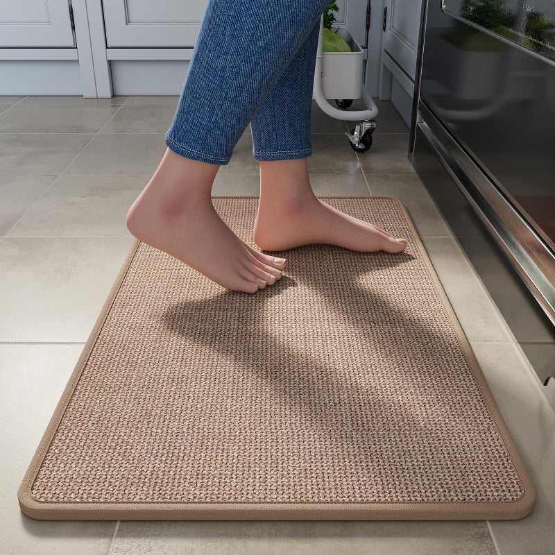 YDKGL Kitchen Rugs Mat Non Slip Washable, Linen-Look 0.3" Thick Soft Cushioned Absorbent Kitchen Mats for Floor, Mild Anti-Fatigue Runner Rug Sink Mat Laundry Standing Mats, Easy Clean, Brown 17"x30" - Image 1