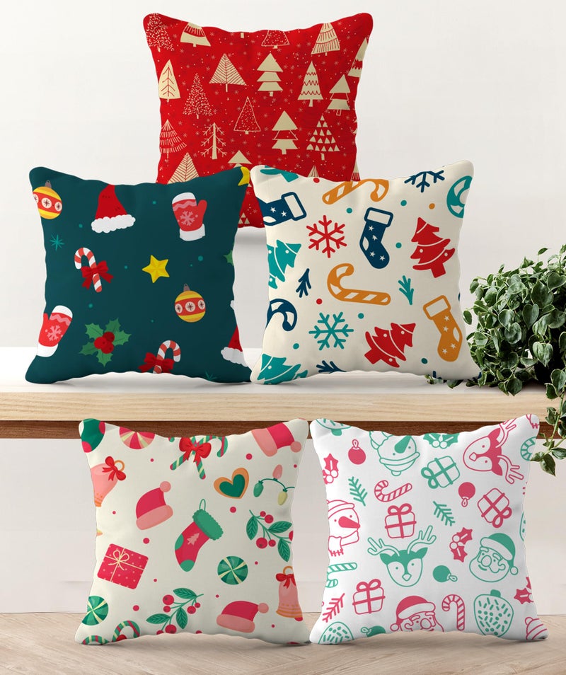 HOOPY Canvas Set of 5 Designer Decorative Throw Pillow/Cushion Covers (16 Inch X 16 Inch, Christmas, 100 TC,Multicolor - Image 1