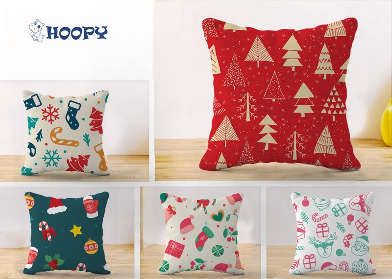 HOOPY Canvas Set of 5 Designer Decorative Throw Pillow/Cushion Covers (16 Inch X 16 Inch, Christmas, 100 TC,Multicolor - Image 2