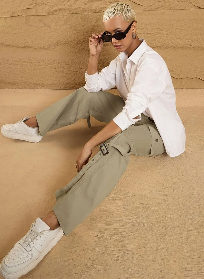 SASSAFRAS Beige High-Rise Cargos Trousers for Women