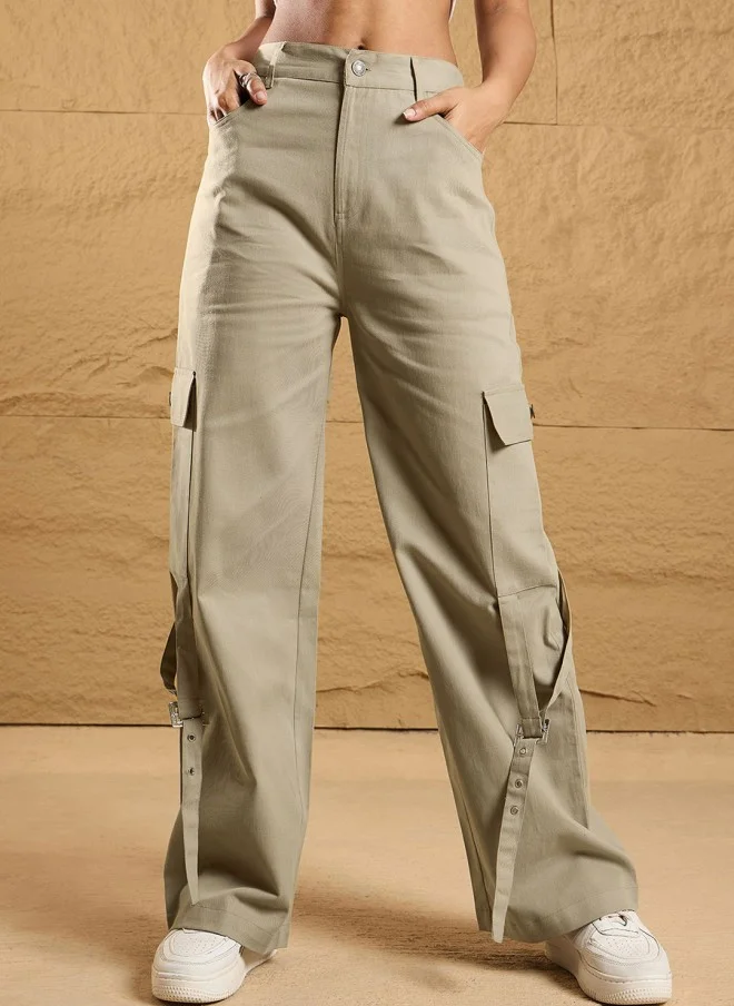 SASSAFRAS Beige High-Rise Cargos Trousers for Women