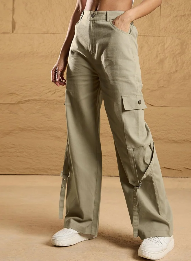 SASSAFRAS Beige High-Rise Cargos Trousers for Women