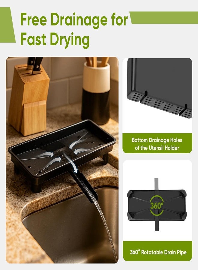 VUSIGN Small Dish Drying Rack with Drain, Compact Dish Rack, Slim Dish Drainers for Kitchen Counter, Extendable Spout Strainers with Removable Utensil Holder, Space Saving, Black - Image 3