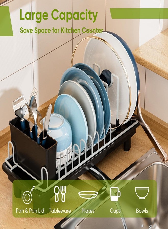 VUSIGN Small Dish Drying Rack with Drain, Compact Dish Rack, Slim Dish Drainers for Kitchen Counter, Extendable Spout Strainers with Removable Utensil Holder, Space Saving, Black - Image 2