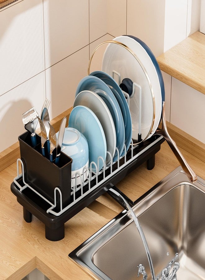 VUSIGN Small Dish Drying Rack with Drain, Compact Dish Rack, Slim Dish Drainers for Kitchen Counter, Extendable Spout Strainers with Removable Utensil Holder, Space Saving, Black - Image 1