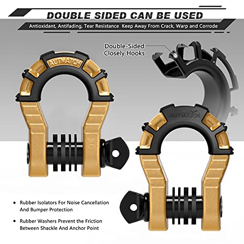 AUTMATCH D Ring Shackles 3/4" Mega Shackle (2 Pack) 68,000Ibs Break Strength - Heavy Duty Clevis Shackles with 7/8" Screw Pin and Isolator Washer for Tow Strap Winch Off Road Vehicle Recovery, Gold - Image 2