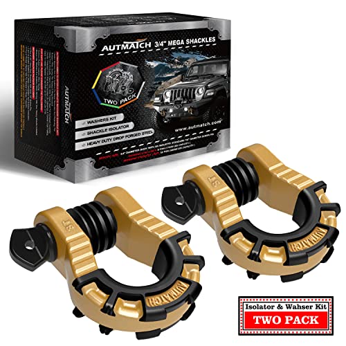 AUTMATCH D Ring Shackles 3/4" Mega Shackle (2 Pack) 68,000Ibs Break Strength - Heavy Duty Clevis Shackles with 7/8" Screw Pin and Isolator Washer for Tow Strap Winch Off Road Vehicle Recovery, Gold - Image 1