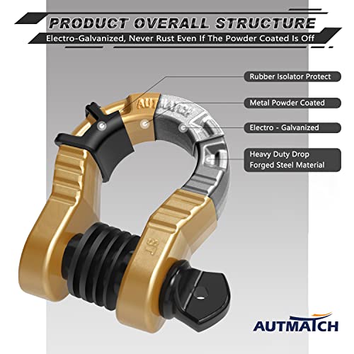 AUTMATCH D Ring Shackles 3/4" Mega Shackle (2 Pack) 68,000Ibs Break Strength - Heavy Duty Clevis Shackles with 7/8" Screw Pin and Isolator Washer for Tow Strap Winch Off Road Vehicle Recovery, Gold - Image 4