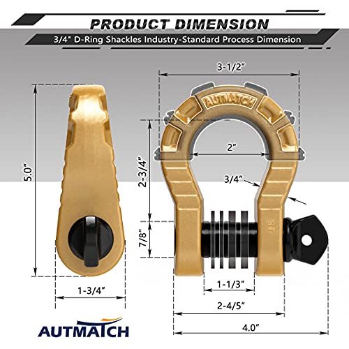 AUTMATCH D Ring Shackles 3/4" Mega Shackle (2 Pack) 68,000Ibs Break Strength - Heavy Duty Clevis Shackles with 7/8" Screw Pin and Isolator Washer for Tow Strap Winch Off Road Vehicle Recovery, Gold - Image 3