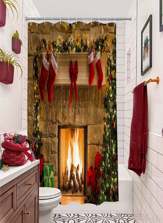 BROSHAN Fabric Christmas Shower Curtain, Red Christmas Shower Curtains for Bathroom, Winter Holiday Bathroom Decor, Xmas Tree Fireplace Pattern - Image 3